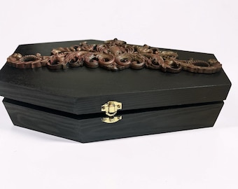 Gothic Coffin Jewelry Box – Black Wood Scroll Lid, Trinket Storage