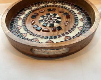 Hand-Laid Glass Mosaic Wood Serving Tray – Mandala Pattern Ottoman Coffee Table Decor