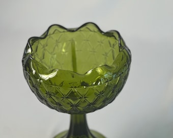 Vintage Indiana Glass Avocado Green Pedestal Bowl – Diamond Textured Mid Century Serving Dish