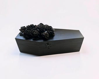 Gothic Coffin Jewelry Box - Deep Plum Wood Sculpted Roses Lid Trinket Storage Organizer