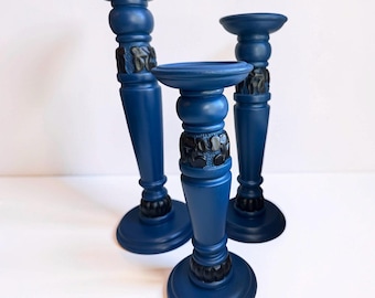 Carved Wood Candle Holders – Deep Blue, Black Accents (12-16" Tall)