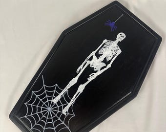 Black Coffin Charcuterie Board, Hand-Painted Skeleton Spider Web Gothic Serving Tray
