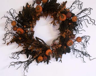 18" Halloween Pumpkin Wreath – Rustic Fall Door Decor, Orange Black Autumn Decoration