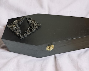 Gothic Coffin Jewelry Box – Black Wood Trinket Storage with Purple Gold Interior