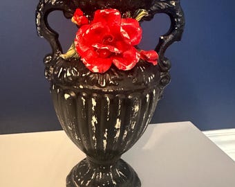 Vintage Black Ceramic Vase with Gothic Roses - Dark Academia Victorian Home Decor Accent
