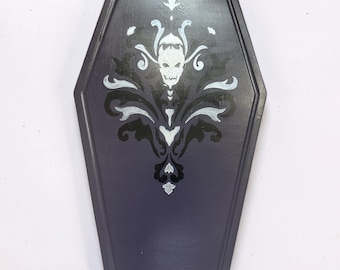 Coffin Serving Tray, Hand-Painted Deep Purple Gothic Bamboo Snack Server, Skeleton Scrollwork