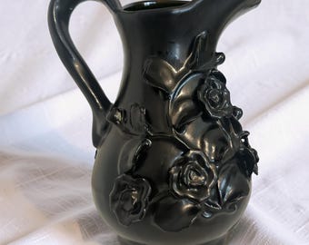 Victorian Gothic Ceramic Pitcher Vase with Sculpted Roses | Dark Romantic Antique Style Home Deco
