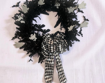 Handmade Halloween Wreath Ghosts Bats Upcycled Spooky Door Decor One of a Kind Black White