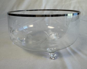 Crystal Etched Footed Bowl with Platinum Ring - Elegant Vintage Glass Serving Dish