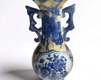 Vintage Early 20th Century Chinese vase blue and yellow crackle glaze