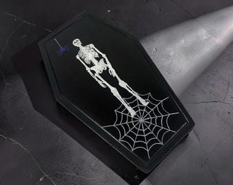 Black Coffin Shaped Charcuterie Board Hand Painted Skeleton Spider Web Gothic Serving Tray