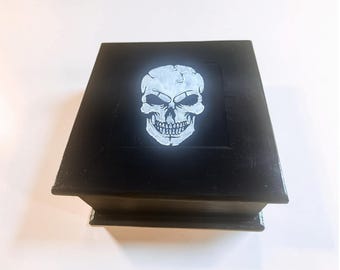 Hand Painted Gothic Skull Wood Box – Spooky Goth Decor Storage Chest