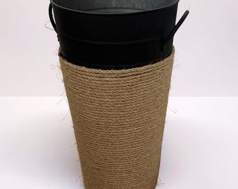 13 Inch Tall Galvanized Steel Hand Painted Vase with Jute Band