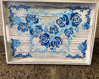 Hand Painted Blue Rose Ottoman Tray Shabby Chic Farmhouse Vintage Wooden Floral Serving Decor