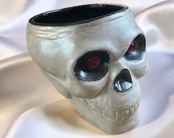 Skull Ceramic Small Serving Bowl Upcycled Spooky Goth Candy Dish Artist Enhanced Halloween Decor