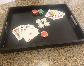 Hand Painted Poker Night Serving Tray Wood Charcuterie Board Game Room Man Cave Gift