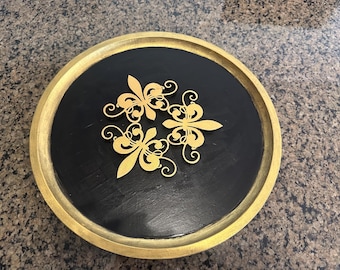 Hand Painted Bamboo Serving Tray: Black Gold Fleur de Lis, New Orleans Decor