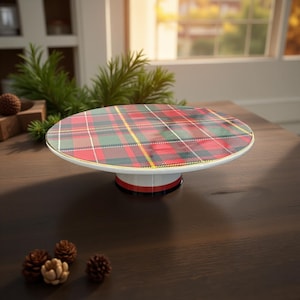 Tartan Plaid Ceramic Cake Stand Pedestal for Christmas Holiday Entertaining Hostess Gift
