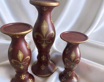 Set of 3 Vintage Burgundy Gold Fleur de Lis Ceramic Candle Holders Home Decor