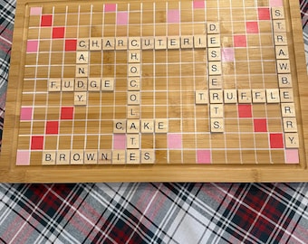 Hand Painted Bamboo Scrabble Dessert Charcuterie Board - Wood Serving Tray Gift for Game Lovers