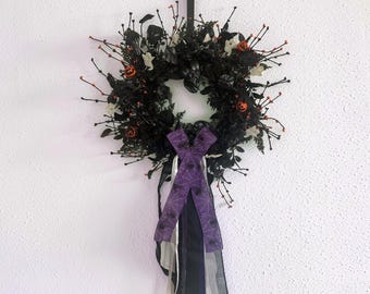 Spooky Halloween Wreath, Ghosts, Pumpkins, Spiders, Purple Door Decor