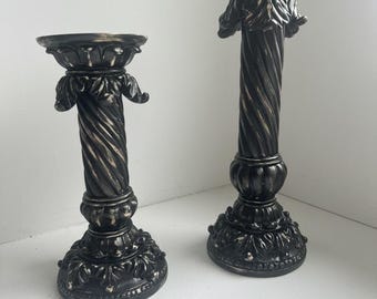 Set of 2 Black Distressed Gold Carved Wood Candle Holders - Gothic Farmhouse Decor Candlesticks