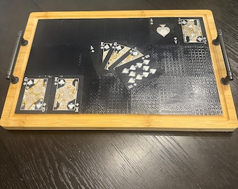 Poker Serving Tray with Handles – Bamboo Charcuterie Board for Game Night
