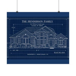 Könnte beinhalten: Ein blauer Architekturplan mit einer Hausansicht, beschriftet mit The Henderson Family, 214 Willow Creek Lane, Carmel, IN 46032, Est. 1998, Plan No. 0214, und einem Maßstab von 1/8 inch = 1 ft, inklusive sichtbarer 10'-0" und 20'-0" Maßlinien.