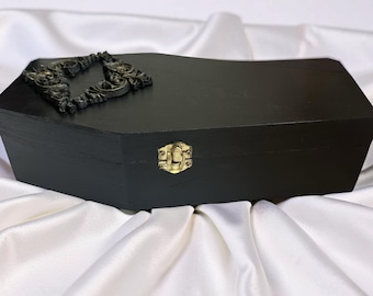 Gothic Coffin Jewelry Box – Black Wood Trinket Storage with Purple Gold Interior