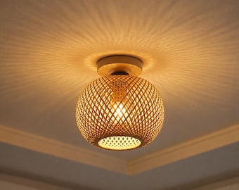 Bamboo Pendant Light | Rattan Ceiling Lamp Shade | Boho Wicker Hanging Light Fixture | Natural Kitchen Dining Lighting | Rustic Decor Lamp