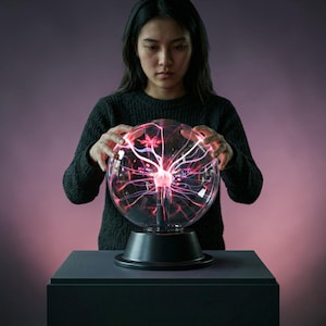 May include: A plasma ball with red and purple electrical discharges. The glass sphere sits on a black base. The plasma ball is held by a person wearing a black sweater.