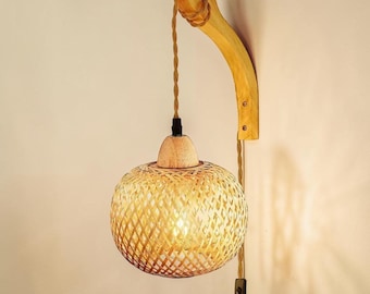 Rattan Wall Sconce Plug In | Boho Wall Lamp Bamboo Light | Farmhouse Wall Lighting Bedroom Living Room Decor