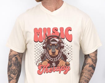 Music Therapy Dog Shirt, Doberman Pinscher Graphic Tee, Retro Music Dog T-Shirt, Comfort Colors Unisex Shirt, Gift for Music & Dog Lovers