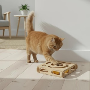Personalized Birch Plywood Cat Toy Cube: Interactive Puzzle Box