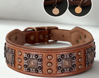 May include: A tan leather collar featuring square metal conchos with intricate embossed patterns, round metal studs, and a metal buckle. Two circular inset images show a metal tag with the text Custom name and Custom number.