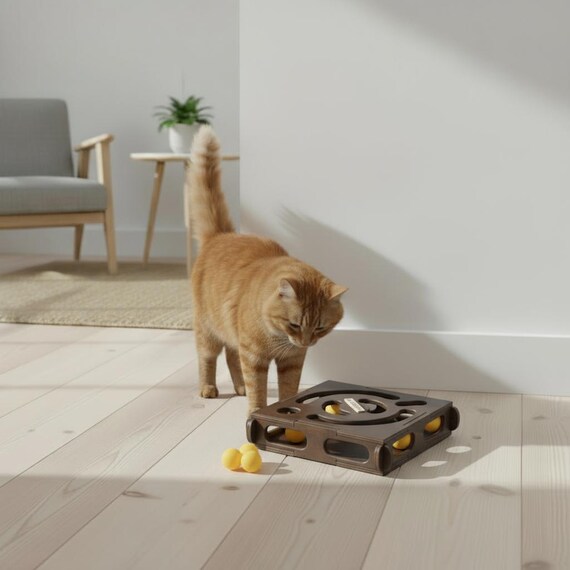 Personalized Birch Plywood Cat Toy Cube: Interactive Puzzle Box with Balls