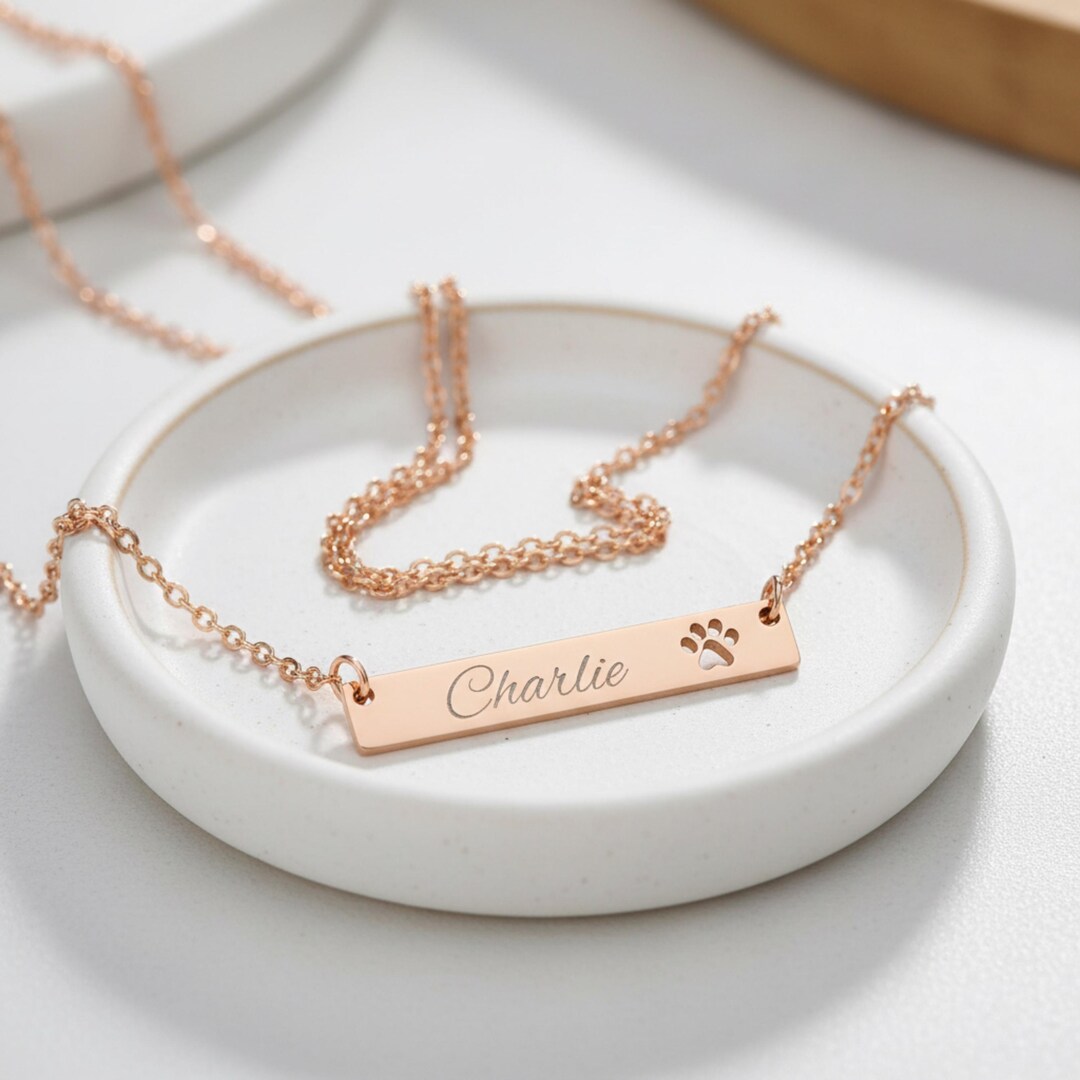 Personalized Paw Print Necklace, Custom Pet Name Bar Necklace, Engraved ...
