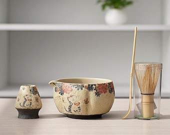 Japanese Cat Matcha Set: Floral Ceramic Tea Ceremony Kit