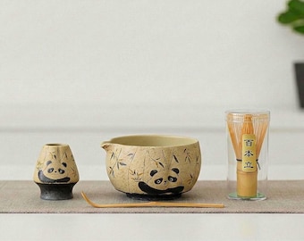 パンダ抹茶セット – 陶器の茶碗、竹の茶筅、スプーン