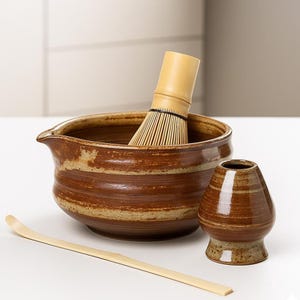 Japanese Matcha Tea Set – Handmade Pottery Bowl, Bamboo Whisk
