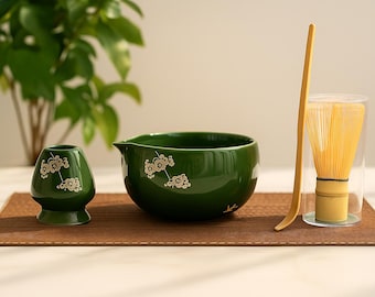 Floral Matcha Tea Set – Green Porcelain Bowl, Handmade Japanese Kit