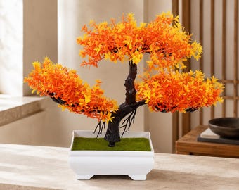 Japanese Bonsai Tree Decor, Golden Orange Autumn Foliage, Artificial Potted Plant for Office Desk, Shelf or Living Room
