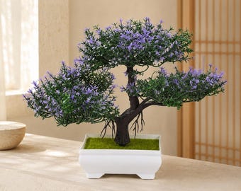 Botanical Bonsai Tree Decor, Lavender-Tipped Greenery, Artificial Potted Plant for Office Desk, Shelf or Meditation Room