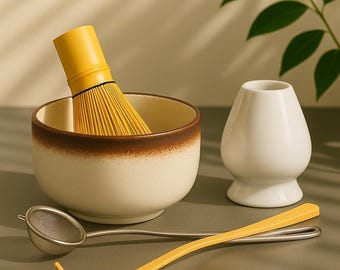 Japanese Matcha Tea Set: Ceramic Bowl, Bamboo Whisk, Tea Ceremony Gift