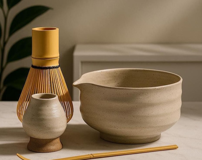 Handmade Ceramic Matcha Tea Set – Japanese Minimalist Bowl, Whisk & Holder