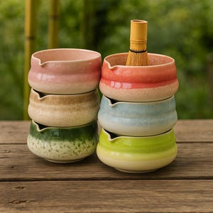 Peut inclure: Une pile de six bols à matcha en céramique de différentes couleurs : rose, beige, vert, rouge, bleu et vert citron. Un fouet en bambou est posé dans le bol rouge. Les bols sont sur une surface en bois.
