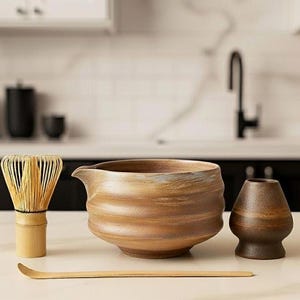 Set da tè Matcha giapponese: ciotola Chawan in ceramica marrone con frusta in bambù