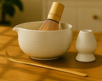 光沢のある黒の陶器製抹茶碗セット：竹製の茶筅、茶筅立て