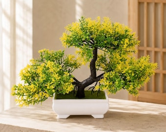 Bonsai Tree Decor, Golden Yellow Artificial Plant, Japanese Zen Home Accent for Office Desk, Shelf or Living Room