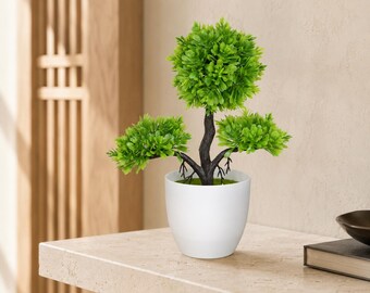 Three Ball Topiary Tree Decor, Artificial Potted Plant, Zen Japandi Home Accent for Office Desk, Shelf or Living Room